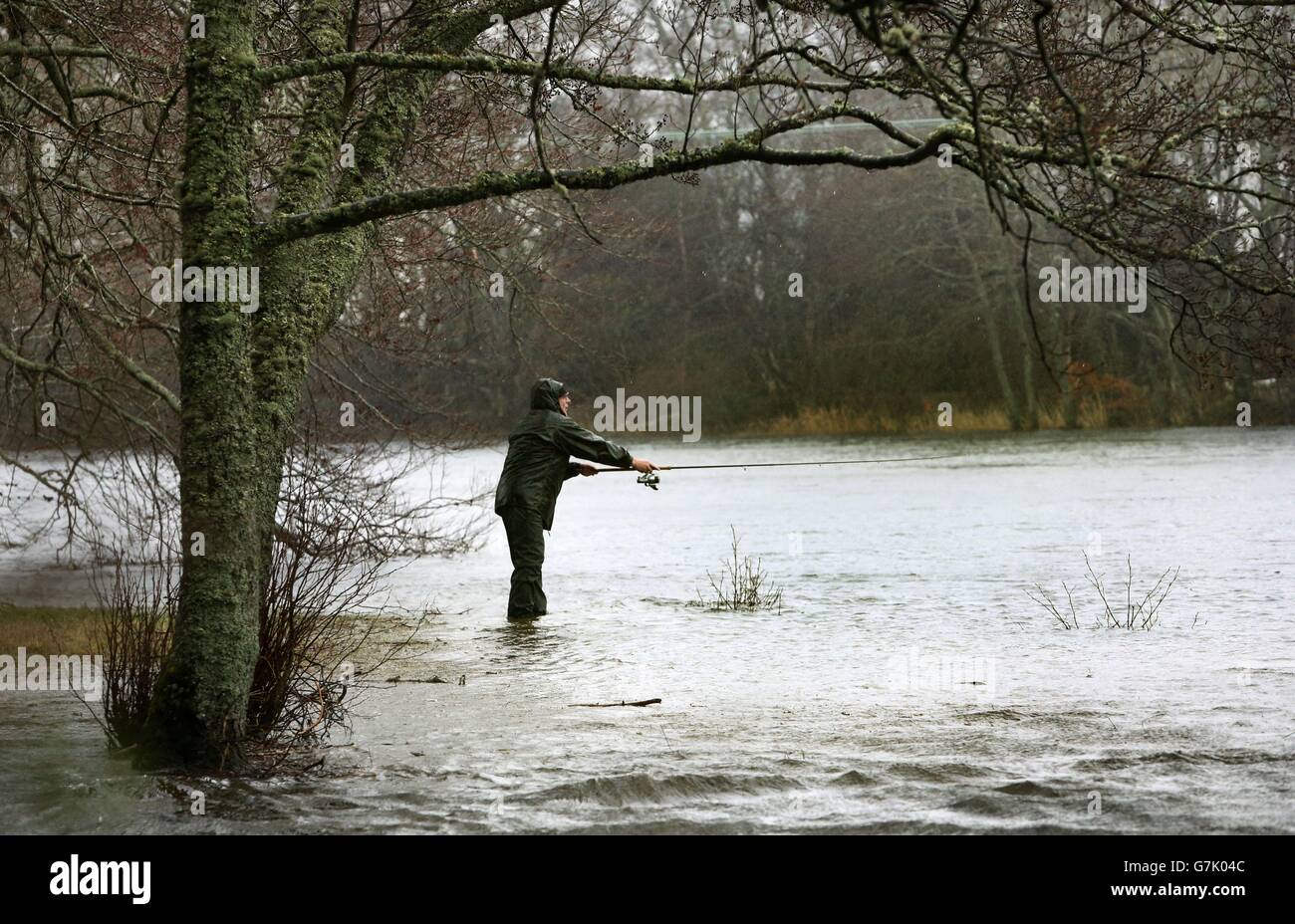 Un pescatore sul fiume Tay in Scozia durante il primo giorno della stagione di pesca del salmone. Foto Stock