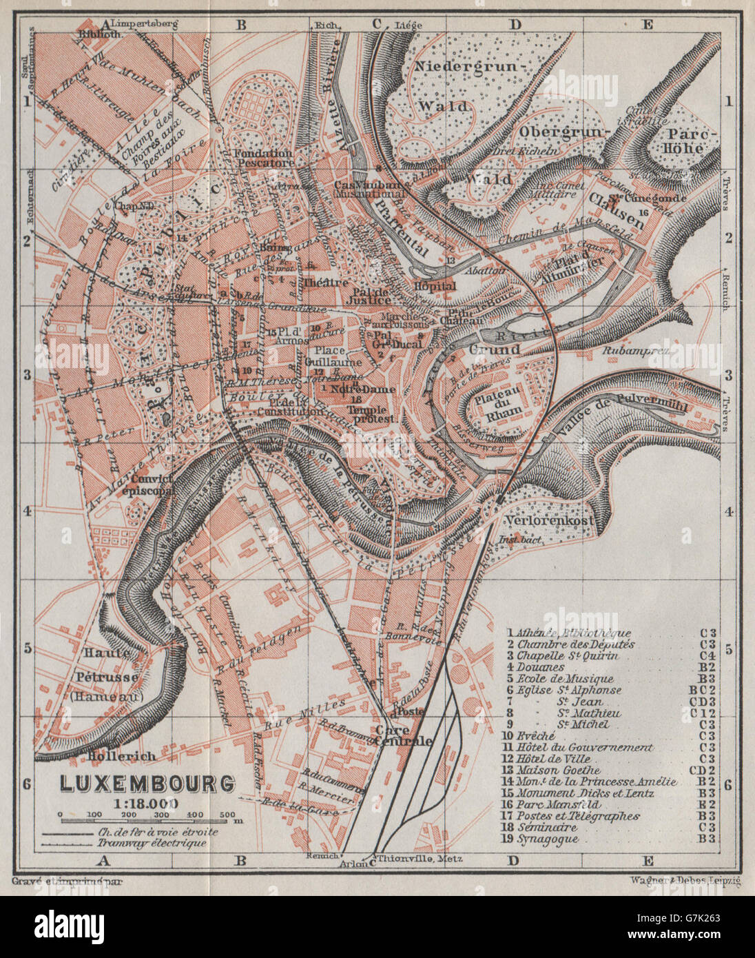Lussemburgo Il Lussemburgo città antica pianta di città carte. BAEDEKER, 1910 Mappa antichi Foto Stock