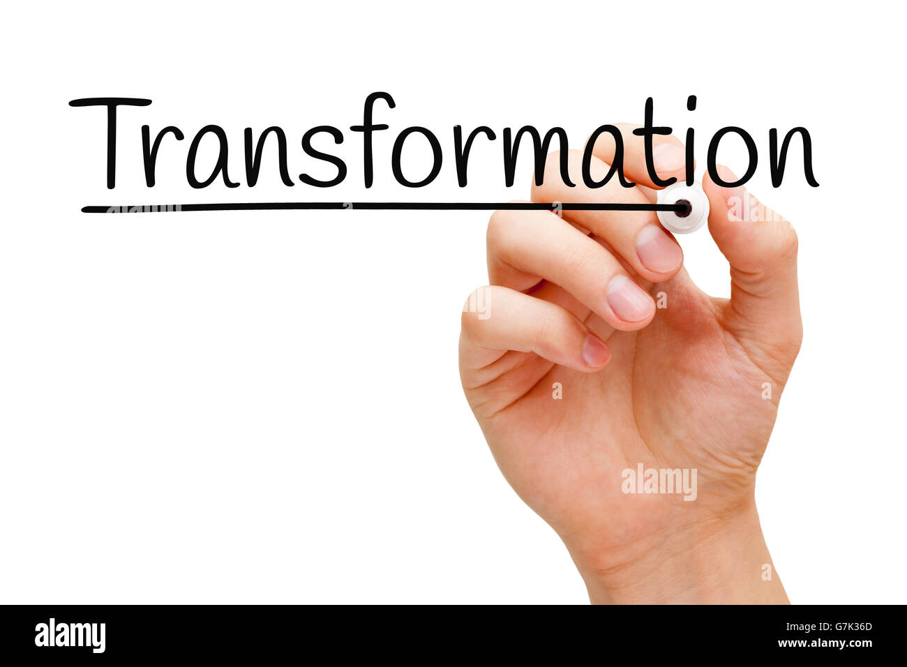 La scrittura a mano la trasformazione con il pennarello nero su trasparente scheda di pulizia. Foto Stock