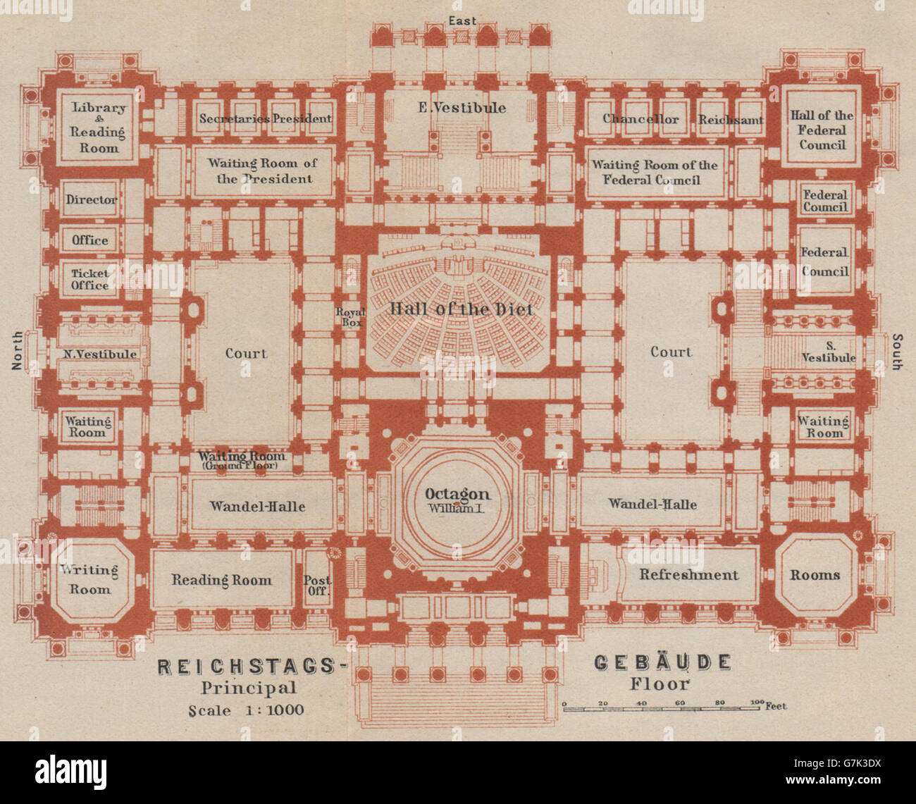 REICHSTAGSGEBÄUDE, Berlino. Main floor plan karte. BAEDEKER, 1910 Mappa antichi Foto Stock
