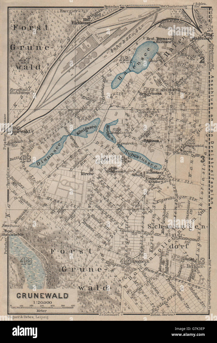 GRUNEWALD town city stadtplan. Berlin Schmargendorf Halensee karte, 1910 Mappa Foto Stock