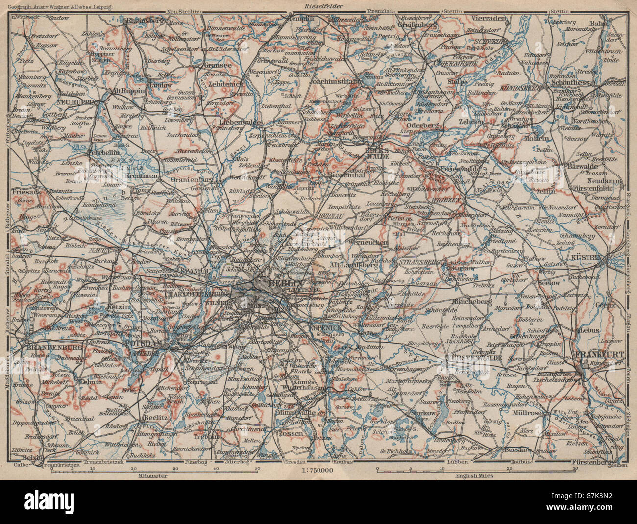 Berlino e Brandeburgo. Potsdam Frankfurt (Oder) Küstrin Eberswalde, 1910 Mappa Foto Stock
