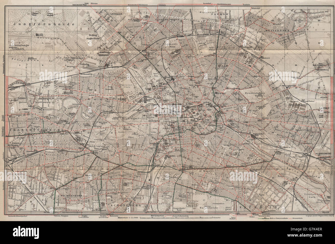 BERLIN STRAßENBAHNNETZ. Rete tranviaria. town city stadtplan karte, 1923 Mappa Foto Stock