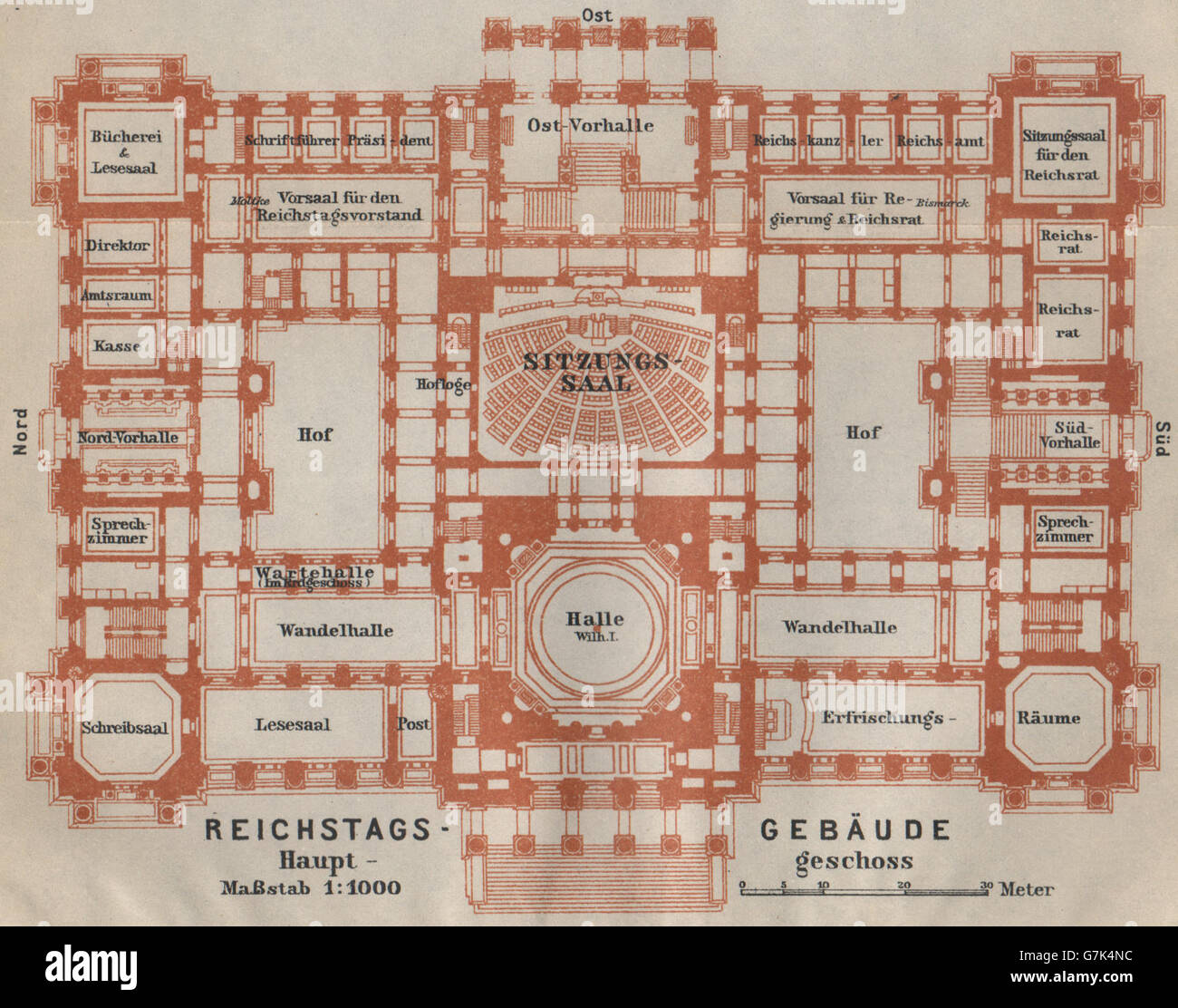 REICHSTAGSGEBÄUDE, Berlino. Main floor plan karte. BAEDEKER, 1923 Vintage map Foto Stock