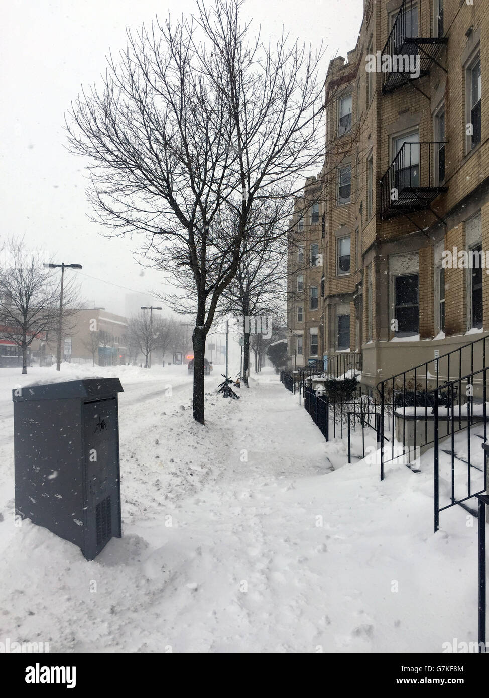 USA, Boston: La tempesta invernale Juno ha suonato Boston con neve e forti raffiche di vento il 27 gennaio 2015. Le foto precedenti mostrano una fila di veicoli parcheggiati parzialmente immersi nella neve. Almeno due piedi di neve sono caduti a Boston in quella che si dice essere una delle migliori tempeste di neve della storia. PELIN S Foto Stock