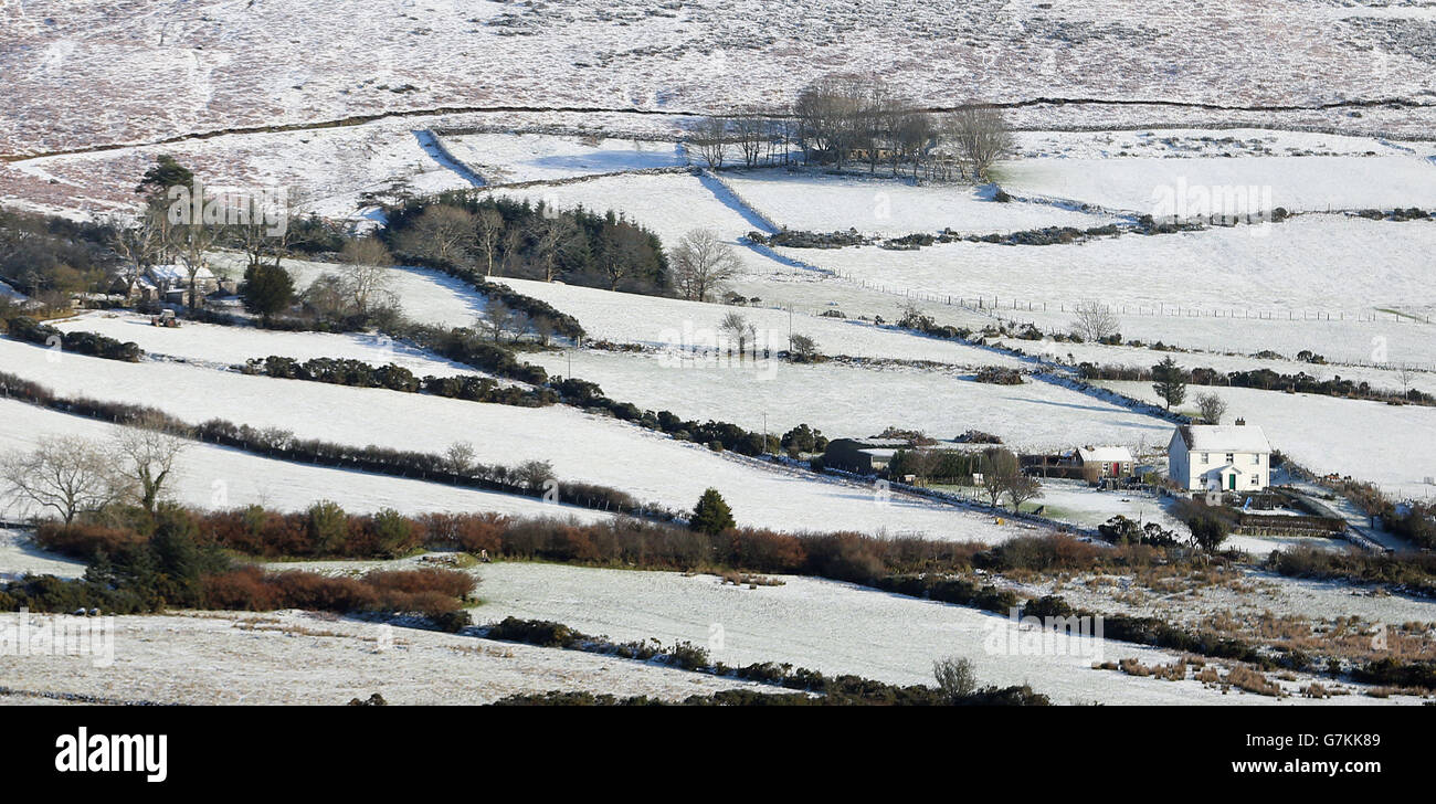 Scene di neve nelle Cooley Mountains nella contea di Louth, con la caduta delle temperature in tutta l'Irlanda. Foto Stock