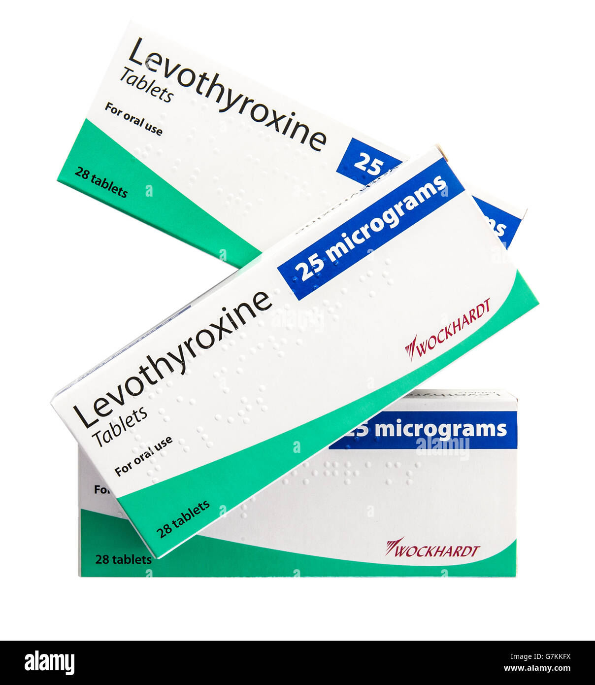 Tre caselle di 25 microgrammi compresse di levotirossina utilizzato come un farmaco per il trattamento di ipotiroidismo Foto Stock