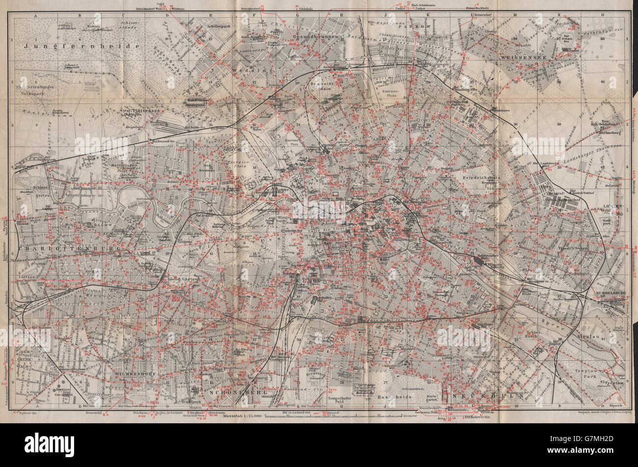 BERLIN STRAßENBAHNNETZ. Rete tranviaria. town city stadtplan karte, 1913 Mappa Foto Stock