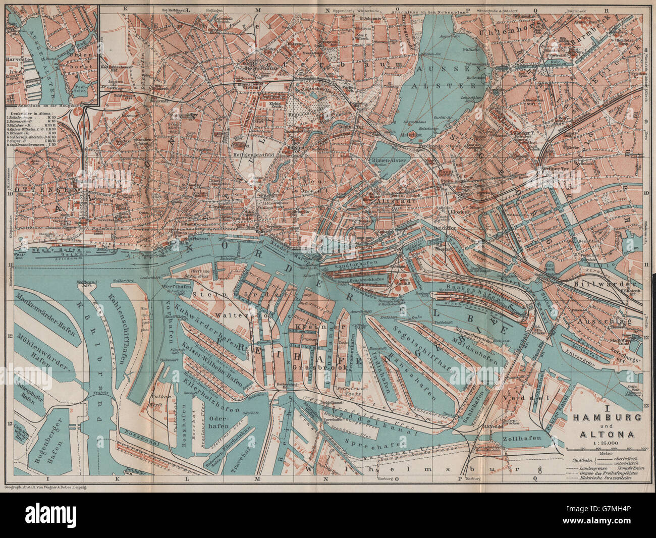 E Amburgo Altona town city stadtplan St Pauli St Georg Freihafengebiet, 1913 Mappa Foto Stock