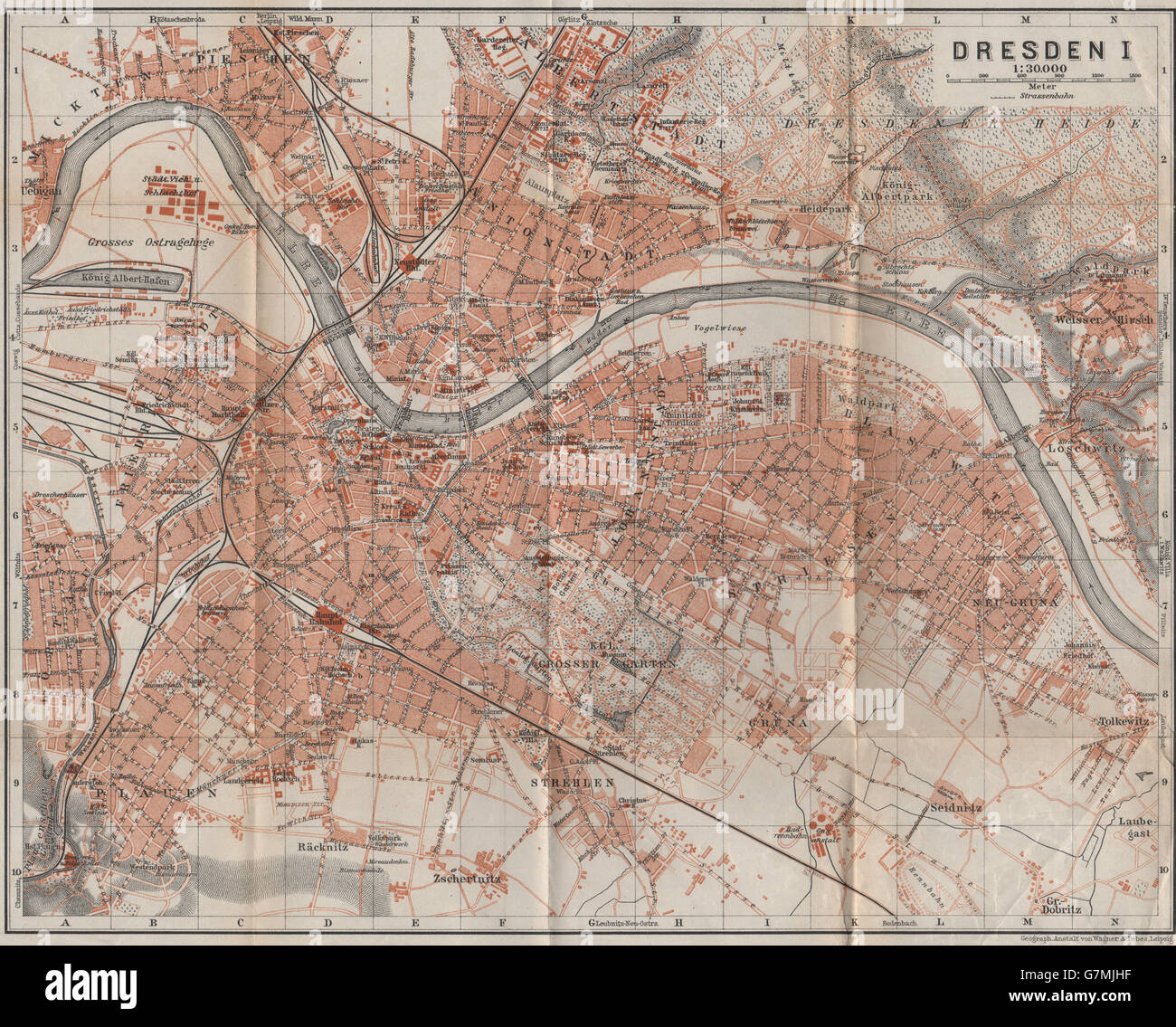 Dresda città antica città stadtplan I. Sassonia karte. BAEDEKER, 1913 mappa vecchia Foto Stock