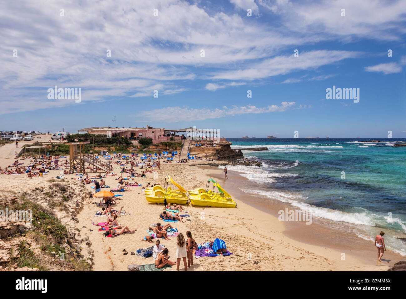 La spiaggia di Cala Conta, Ibiza. Foto Stock