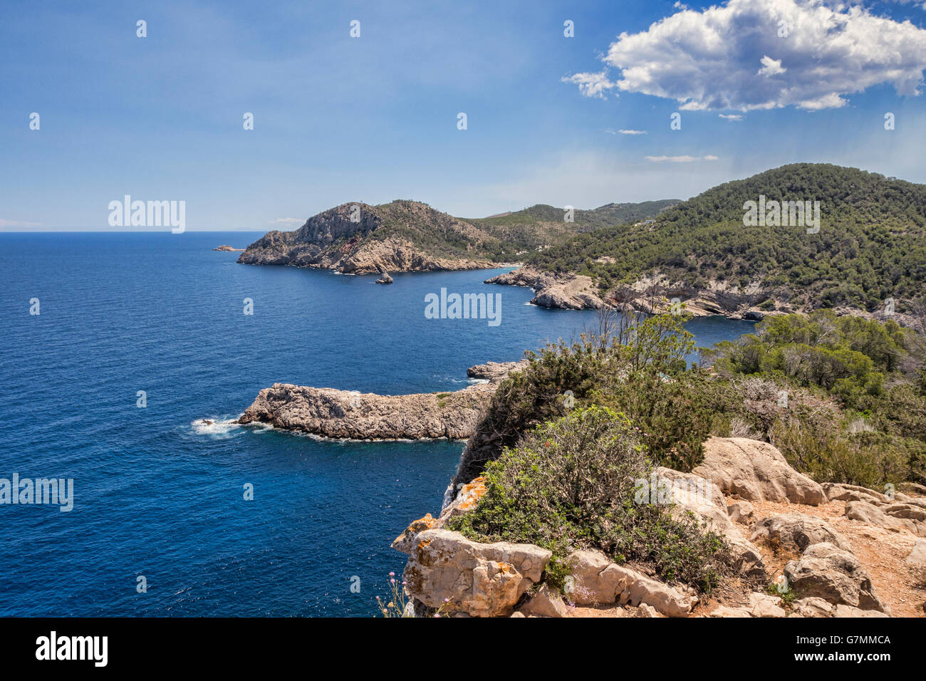 Costa rocciosa vicino a Puerto de San Miguel, Ibiza, Spagna. Foto Stock