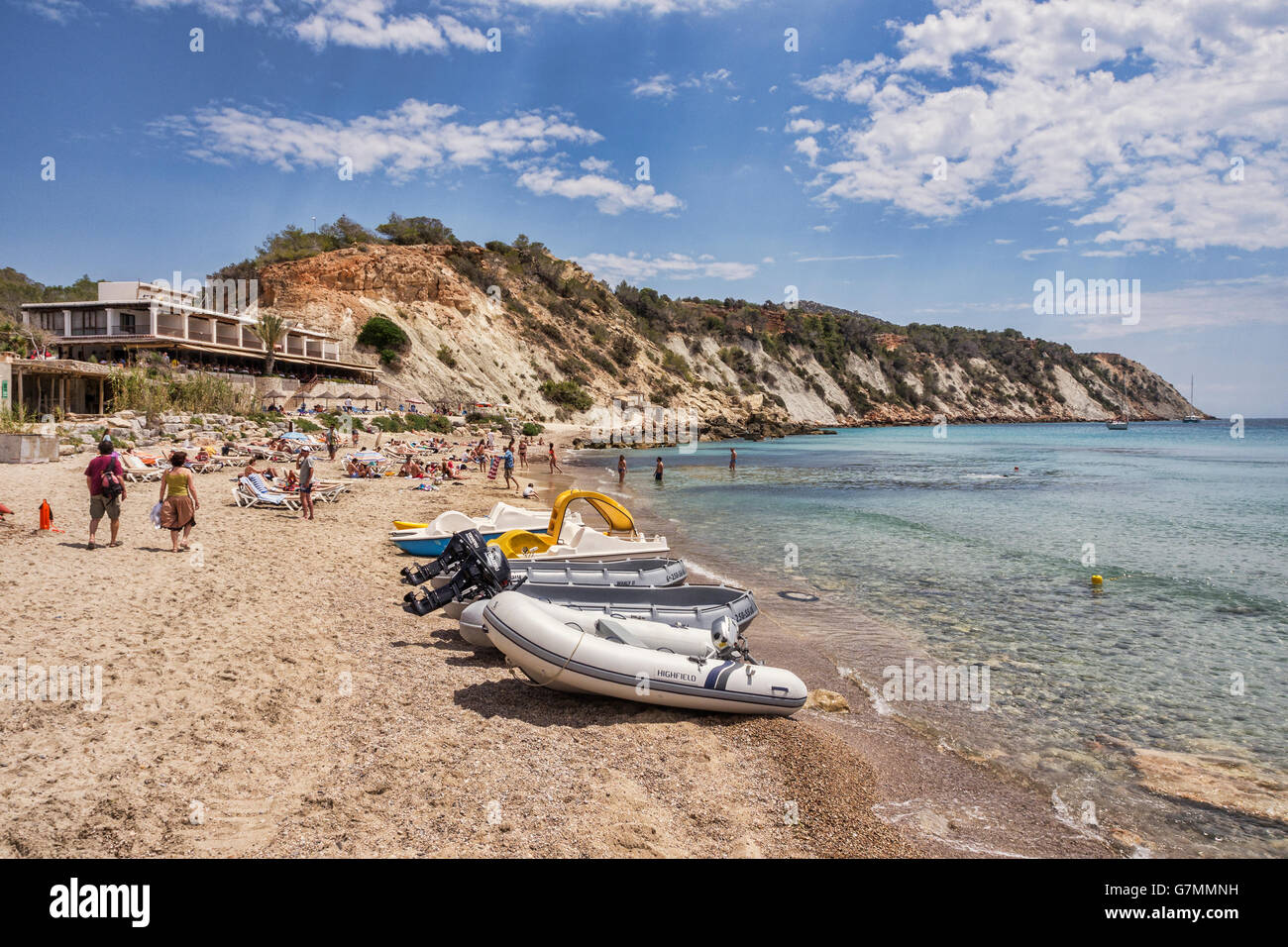 La spiaggia di Cala d'Hort, Ibiza, Spagna. Foto Stock