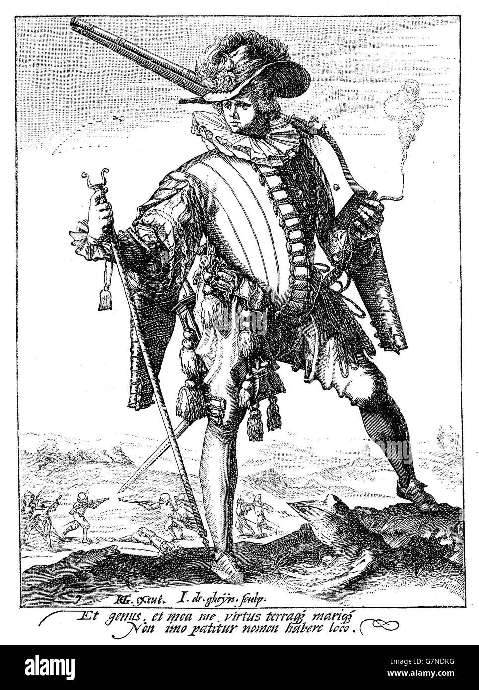 1600, illustrazione raffigurante una guardia con spada e archebus di Rodolfo II di Asburgo imperatore del Sacro Romano Impero, Re di Boemia e Arciduca d'Austria Foto Stock