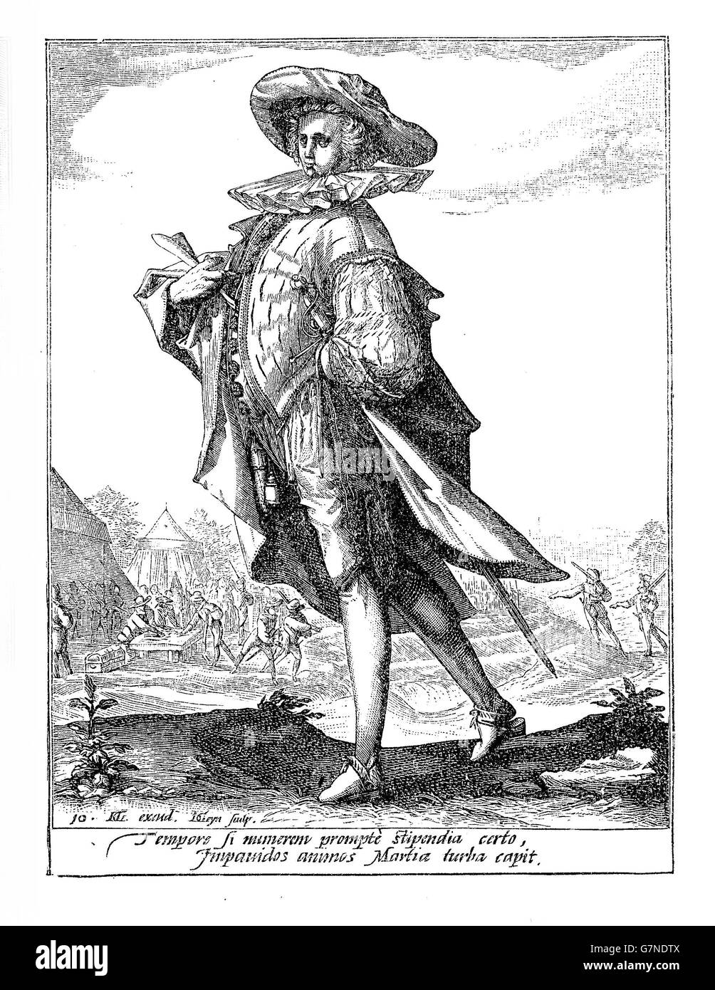 1600, illustrazione raffigurante una guardia con la spada di Rodolfo II di Asburgo imperatore del Sacro Romano Impero, Re di Boemia e Arciduca d'Austria Foto Stock