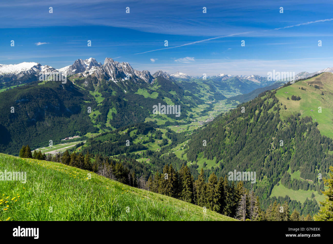 Panorama del Pays-d'Enhaut, una regione montuosa situata nel cantone di Vaud nelle Alpi Svizzere. Foto Stock