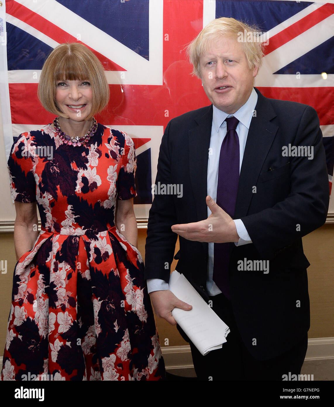 Il sindaco di Londra Boris Johnson incontra Anna Wintour, redattore di American Vogue, in un ricevimento e cena a New York ospitata dal British Fashion Council per celebrare il talento creativo condiviso tra New York e la Gran Bretagna in vista della settimana della moda di New York la prossima settimana. Foto Stock