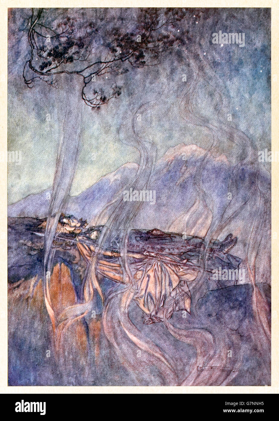 "Il sonno di Brunnhilde" da "l'Rhinegold & la valchiria' illustrato da Arthur Rackham (1867-1939), pubblicato nel 1910. Brünnhilde risiede nel suo sonno incantato circondato da un cerchio di fiamme che scoraggerà tutti ma i più coraggiosi degli eroi. Foto Stock