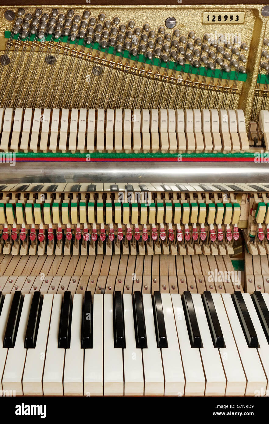 Close up. Pianoforte verticale tastiera e meccanismo di azione con le stringhe. Foto Stock