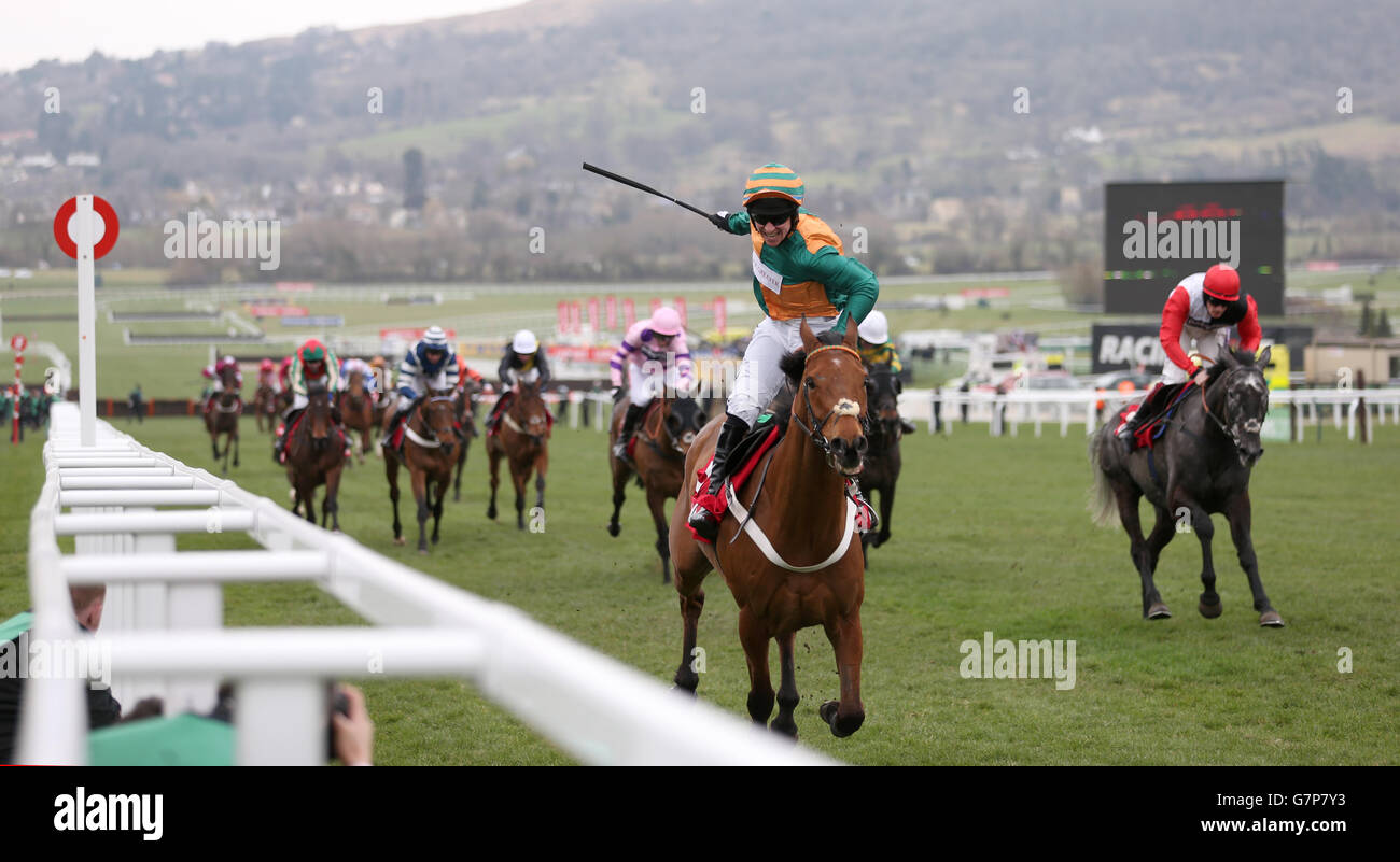 Gavin Sheehan su Cole Harden celebra la vittoria del Ladbrokes World Hurdle, il giorno di San Patrizio durante il Cheltenham Festival presso l'ippodromo di Cheltenham. PREMERE ASSOCIAZIONE foto. Data immagine: Giovedì 12 marzo 2015. Guarda la storia della PA DI CHELTENHAM. Il credito immagine dovrebbe essere: David Davies/PA Wire. Foto Stock