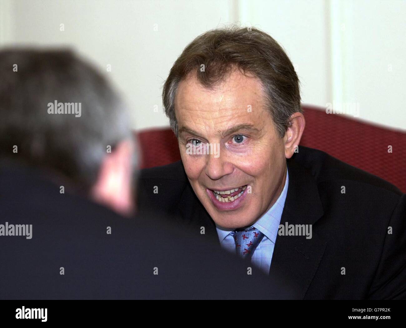 Primo Ministro Tony Blair, durante un'intervista a Peter Young, redattore politico alla Cronaca di Newcastle. Foto Stock