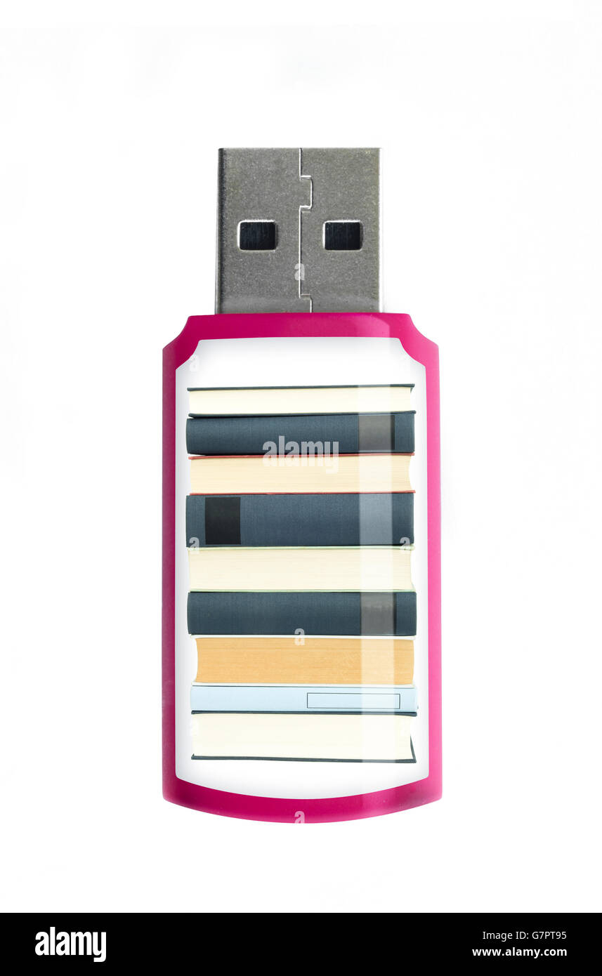 Pen Drive USB con un palo di adella libri all'interno su un isolato bianco sullo sfondo. Foto Stock