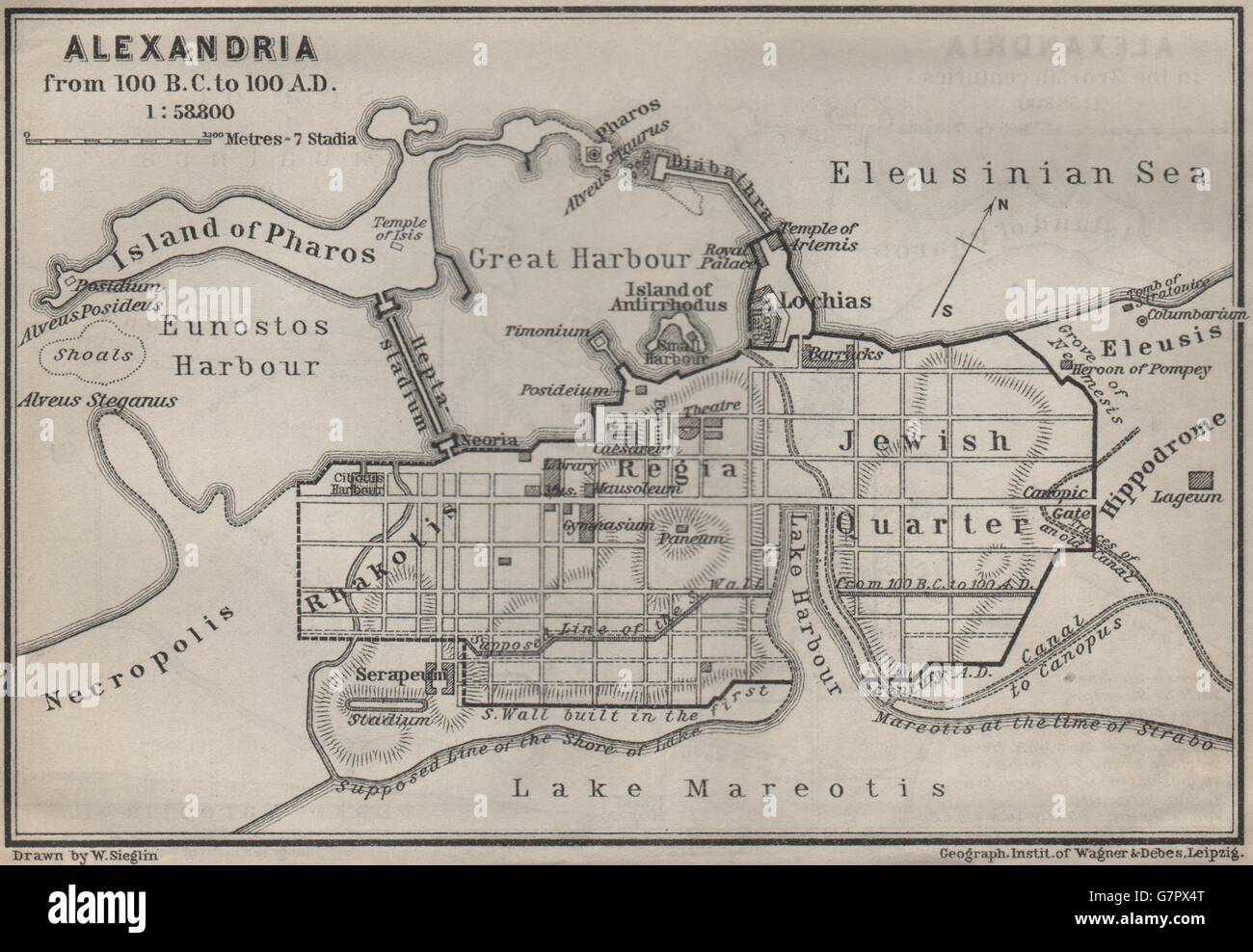 Alessandria dal 100 a.c. al 100 D.C. città antica pianta della città. Egitto, 1914 mappa vecchia Foto Stock