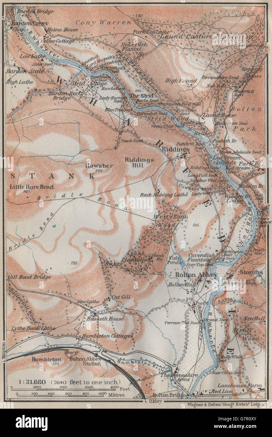 WHARFEDALE topo-map. Bolton Abbey. Yorkshire Dales. BAEDEKER, 1910 Foto Stock