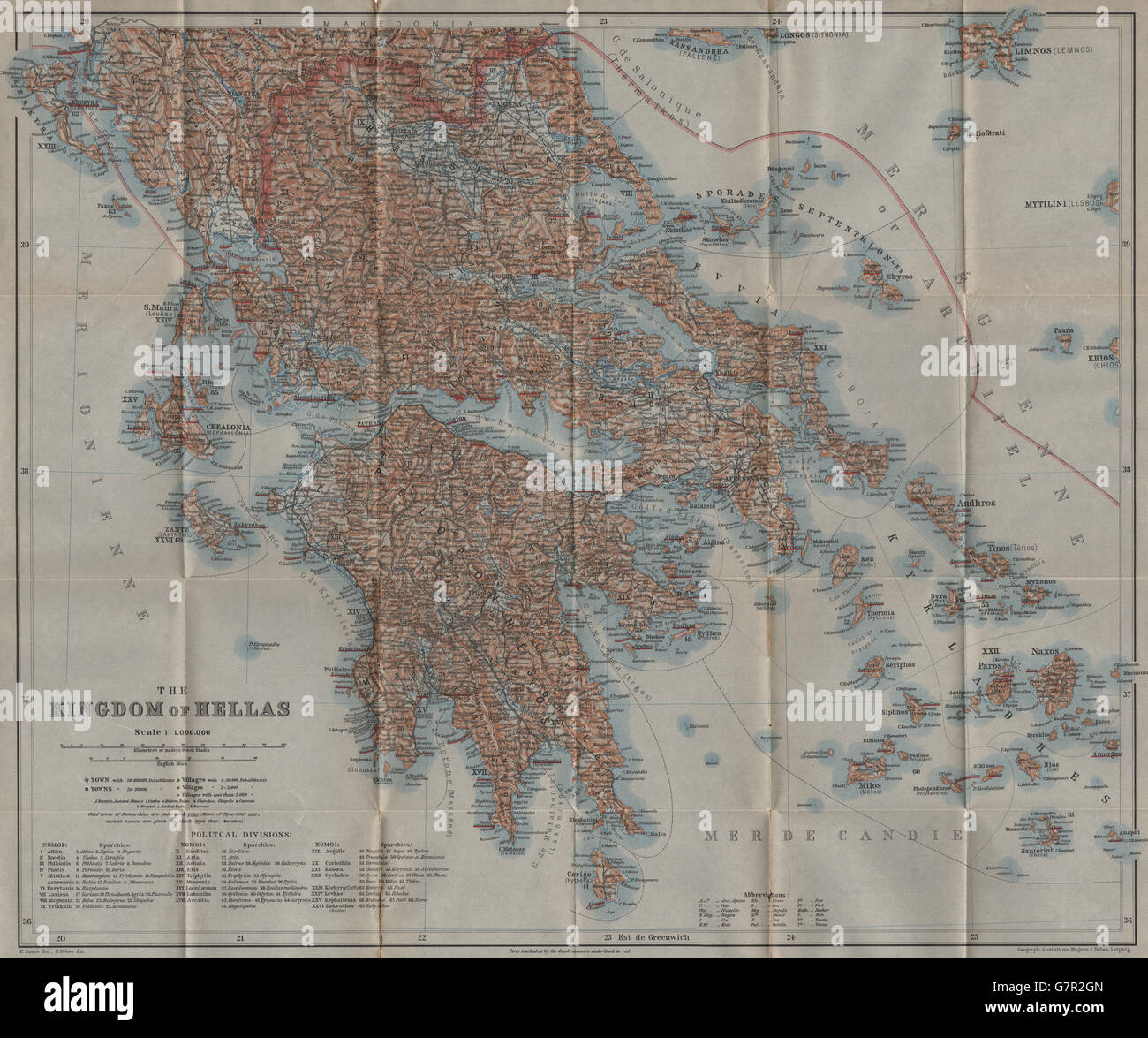 Il Regno di HELLAS / Grecia prima della incorporazione di Macedonia, 1909 mappa vecchia Foto Stock
