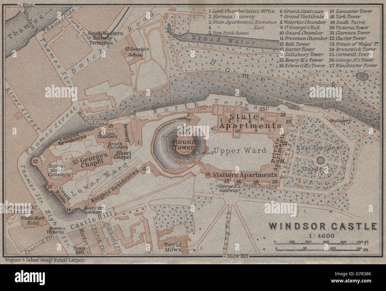 Il Castello di Windsor e piano di massa. Berkshire. BAEDEKER, 1905 Mappa antichi Foto Stock