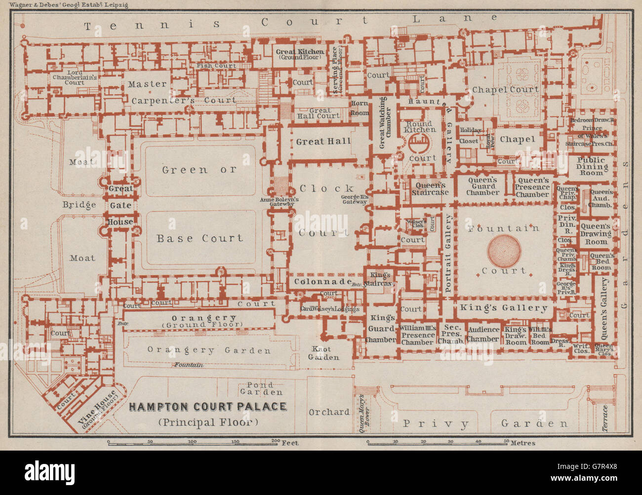 HAMPTON COURT PALACE (principale piano piano). Londra. BAEDEKER, 1930 mappa vecchia Foto Stock