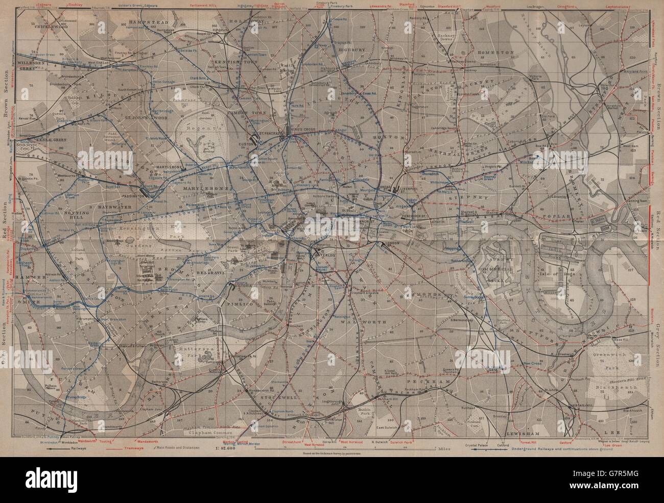 Il centro di Londra Trasporto. Ferrovie tranvie della metropolitana linee, 1930 Mappa Foto Stock