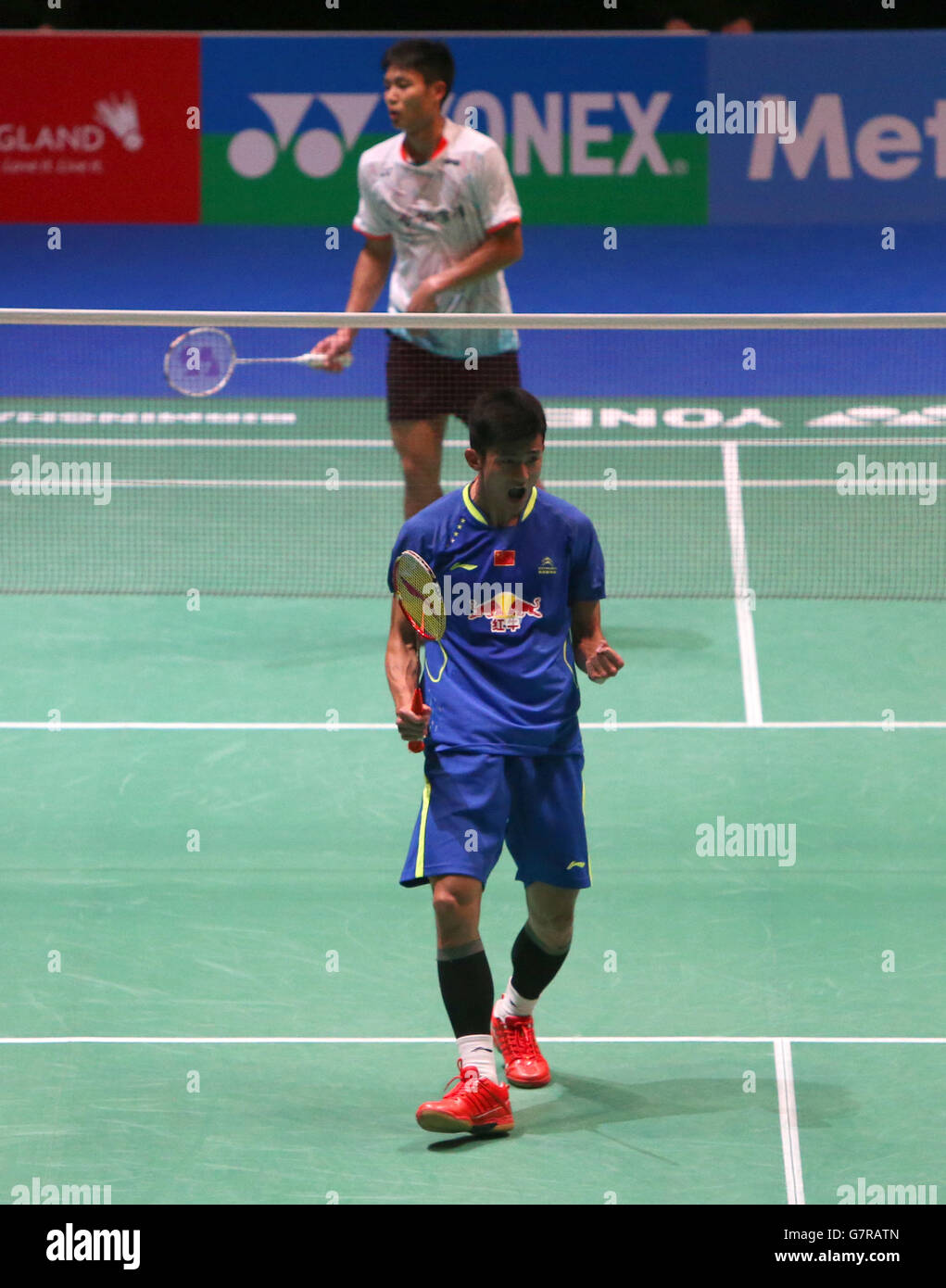 Chen Long della Cina festeggia la vittoria della sua partita finale di singolo quarto Foto Stock