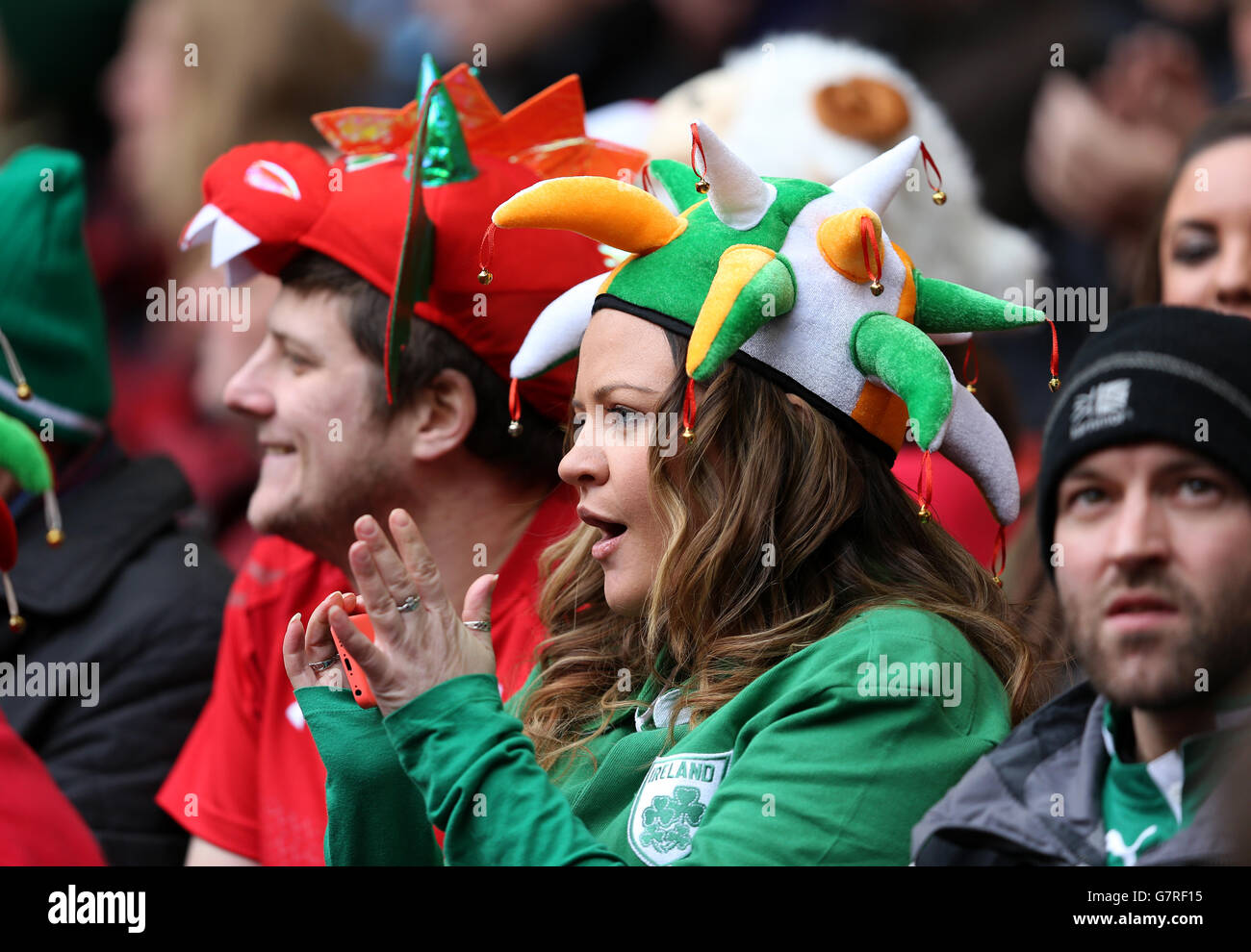 Un fan irlandese negli stand durante la partita RBS 6 Nations al Millennium Stadium di Cardiff. PREMERE ASSOCIAZIONE foto. Data immagine: Sabato 14 marzo 2015. Vedi PA Story RUGBYU Wales. Il credito fotografico dovrebbe essere: David Davies/PA Wire. RESTRIZIONI: L'uso è soggetto a limitazioni. Nessun uso commerciale. Nessun utilizzo in libri o stampe senza previa autorizzazione. Foto Stock