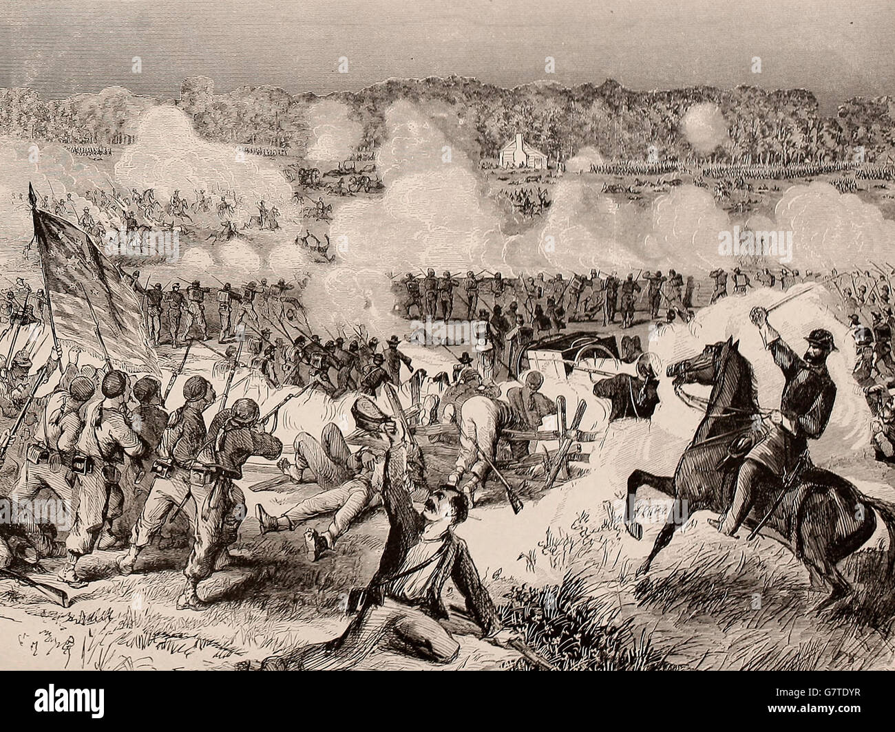 Battaglia di Winchester, Virginia - Carica di uncino dell'Ottavo Corp, il diritto, Marzo 21, 1862. USA LA GUERRA CIVILE Foto Stock