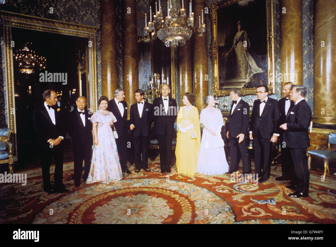 Royalty - Queen con sette leader mondiali - Blu sala da disegno a Buckingham Palace Foto Stock