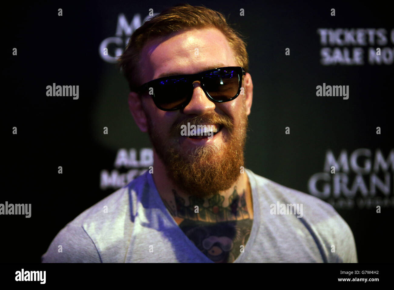 Conor McGregor, concorrente dell'UFC, ha organizzato un evento stampa presso il Convention Center di Dublino in vista della sua lotta contro Jose Aldo nella MGM Grand Garden Arena di Las Vegas, Nevada, nel mese di luglio. Foto Stock