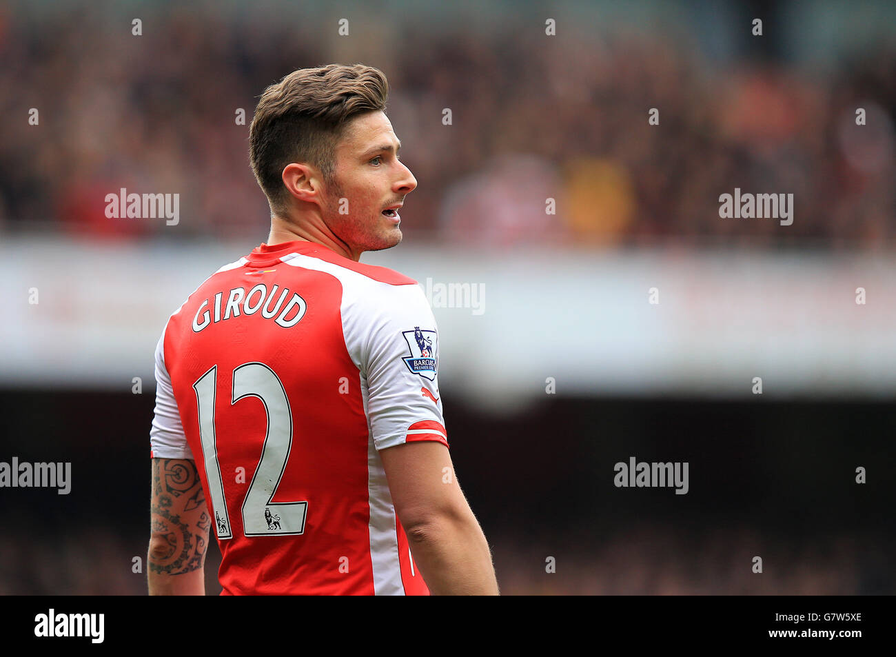 Olivier Giroud dell'Arsenal durante la partita della Barclays Premier League all'Emirates Stadium di Londra. PREMERE ASSOCIAZIONE foto. Data foto: Sabato 4 aprile 2015. Vedi la storia della Pennsylvania SOCCER Arsenal. Il credito fotografico deve essere: John Walton/PA Wire. Foto Stock