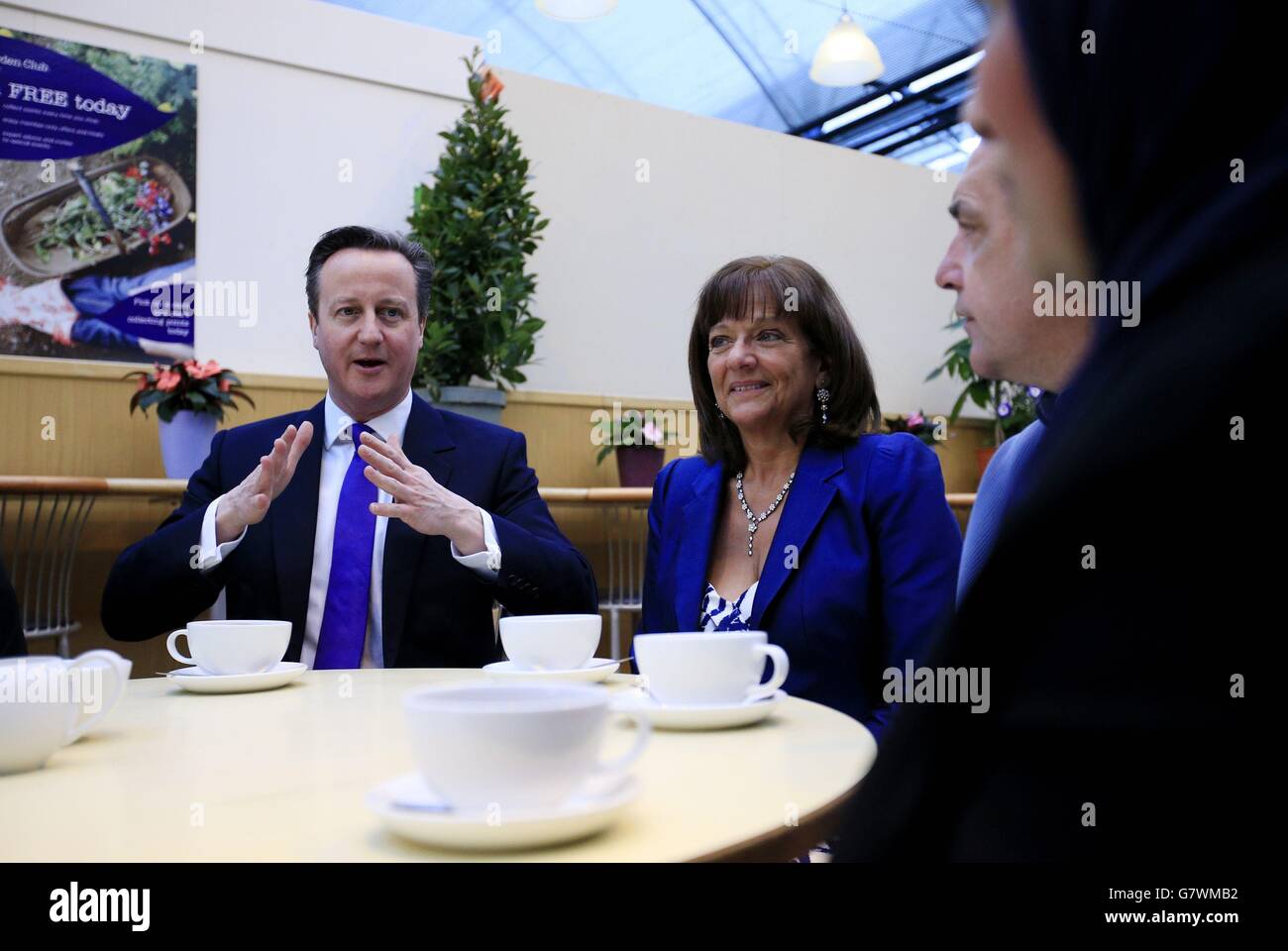 Il primo ministro David Cameron e il suo attivista per le pensioni Ros Altmann, che diventerà ministro se i conservatori saranno rieletti, parlano con persone che si avvicinano all'età pensionabile al Melbicks Garden Centre di Birmingham, durante la campagna elettorale generale. Foto Stock