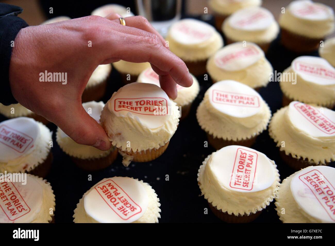 Cupcakes in mostra al Royal Institute of British Architects di Londra, dove il leader del partito laburista ed Miliband e Shadow Chancellor ed Balls discuteranno le finanze della famiglia. Foto Stock