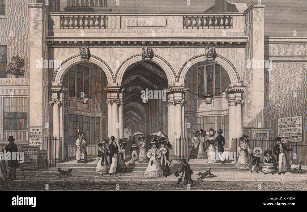 PICCADILLY. Burlington Arcade. Londra. Pastore, antica stampa 1828 Foto Stock