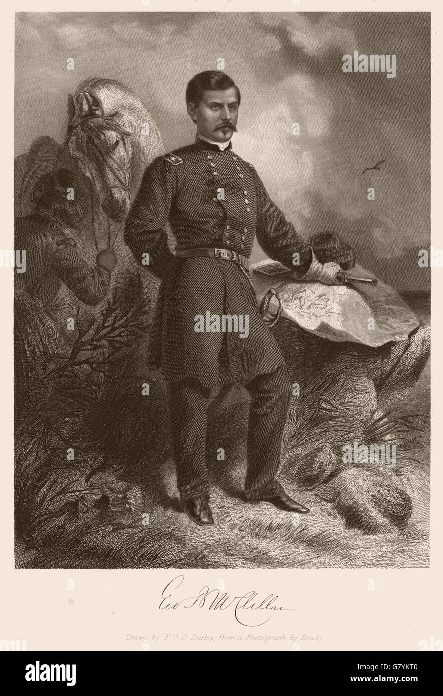 La guerra civile americana. Ritratto di generale G.B. Mcclellan, antica stampa 1864 Foto Stock