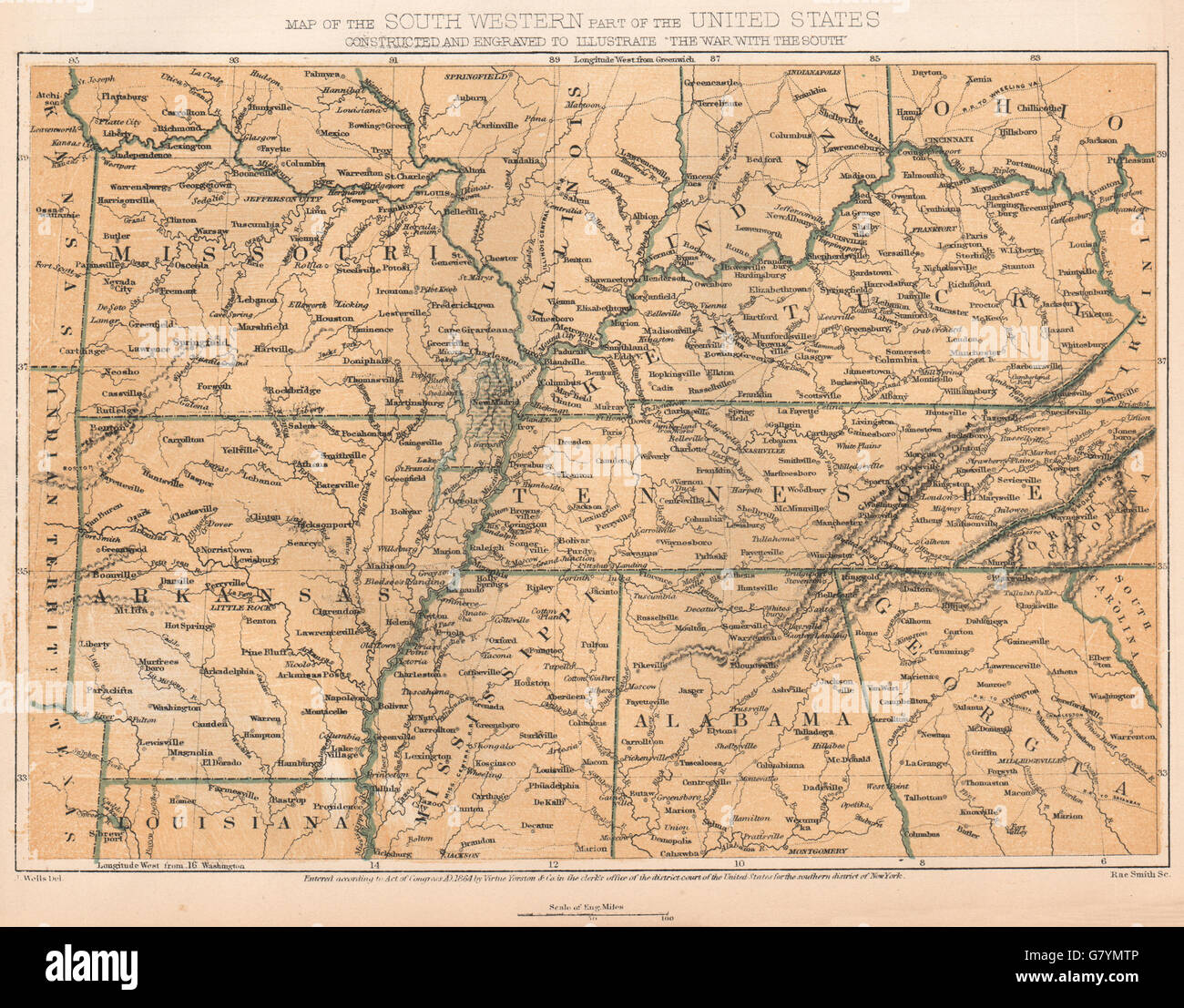 La guerra civile americana. La parte sud-occidentale degli Stati Uniti, 1864 Mappa antichi Foto Stock