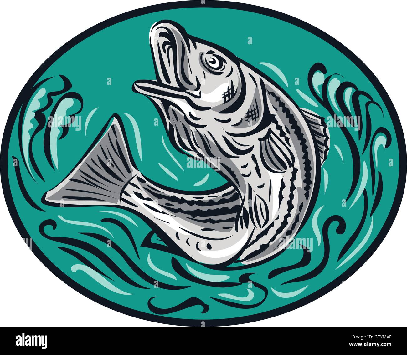 Schizzo di disegno illustratoin stile di un pesce chiamato anche striped bass ,Morone saxatilis, Atlantic striped bass, rigatore, linesider, pimpfish o rock salto impostato all'interno di forma ovale. Illustrazione Vettoriale