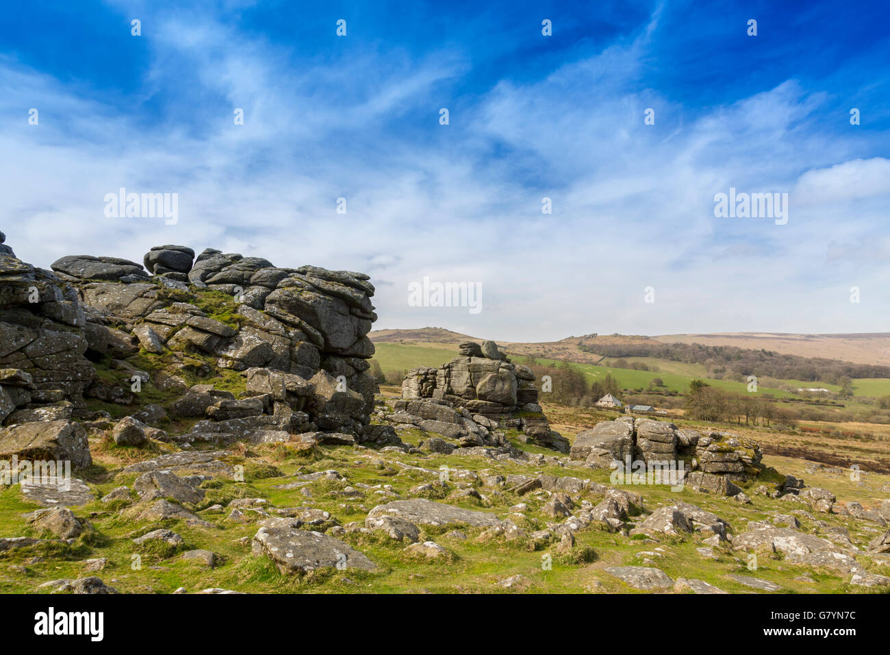 Il granito di Hound Tor è stato alterato da milioni di anni di vento, pioggia e gelo su Dartmoor Devon, Inghilterra, Regno Unito Foto Stock
