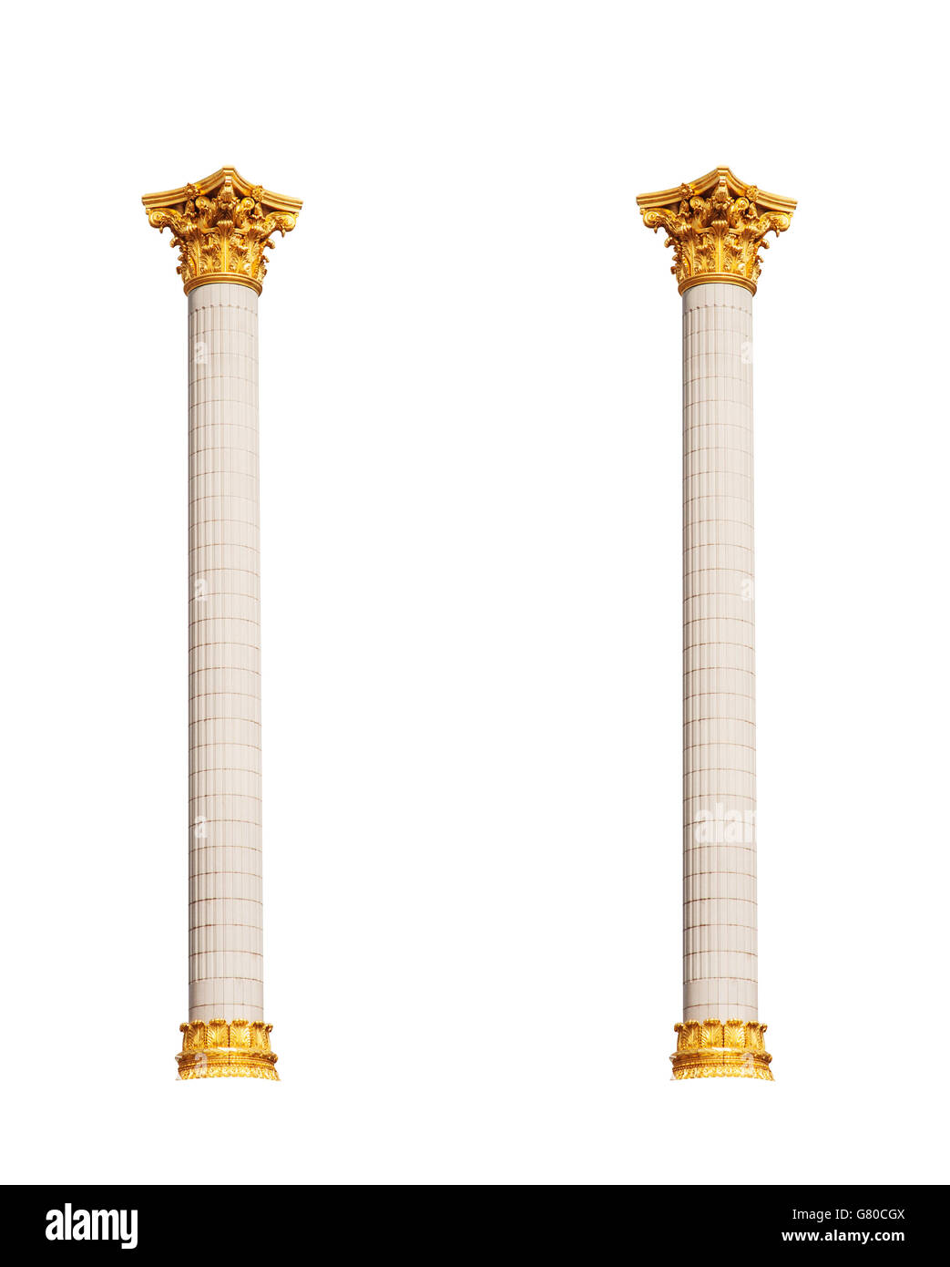 Due colonne in classico stile architettonico isolato su sfondo bianco Foto Stock