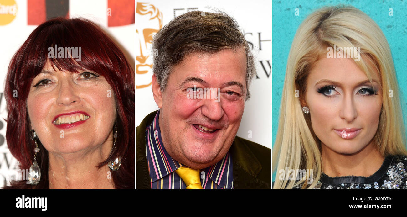 File foto di (da sinistra) Janet Street-Porter, Stephen Fry e Paris Hilton. Foto Stock