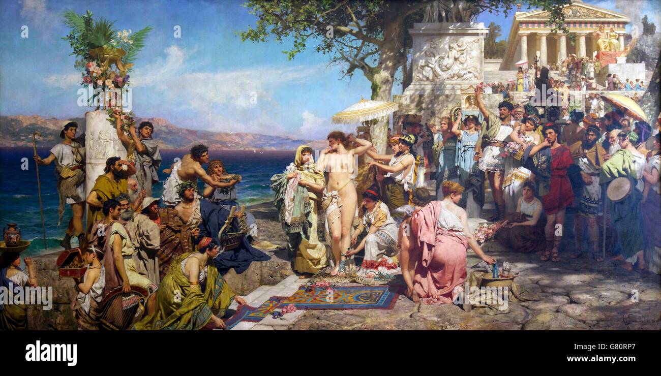 Phryne al Festival di Poseidone in Eleusin, di Henryk Siemiradzki, 1889, State Russian Museum di San Pietroburgo, Russia Foto Stock