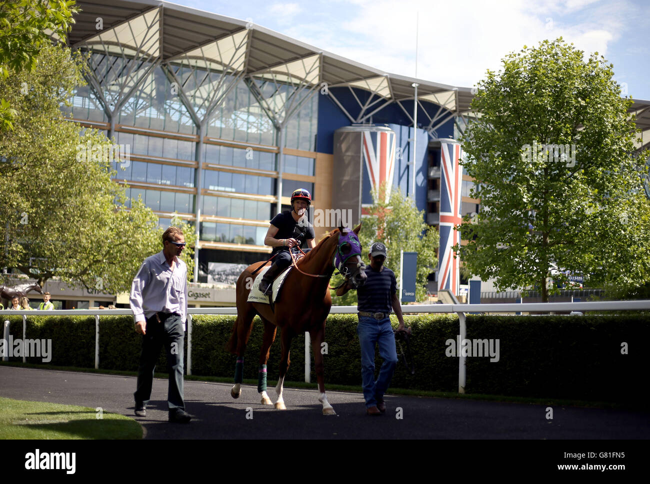 American Horse California Chrome guidato da Frankie Dettori durante l'allenamento all'Ascot Racecourse, Berkshire. PREMERE ASSOCIAZIONE foto. Data foto: Giovedì 4 giugno 2015. Il credito fotografico deve essere: Steve Parsons/PA Wire. Foto Stock