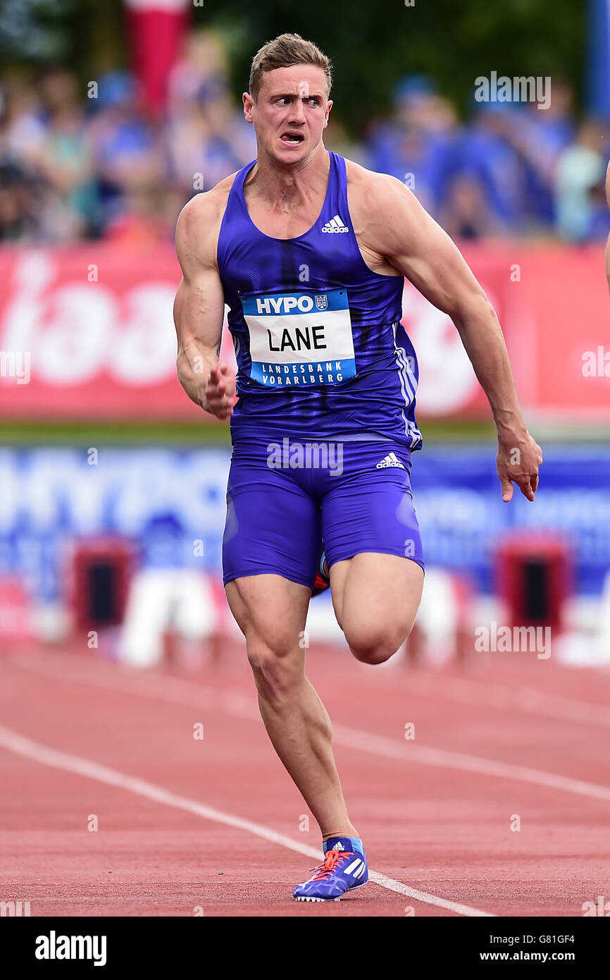 Atletica - Hypo-Meeting - giorno uno - Mosle Stadion. John Lane di Great Brtain compete nei 100 metri Foto Stock